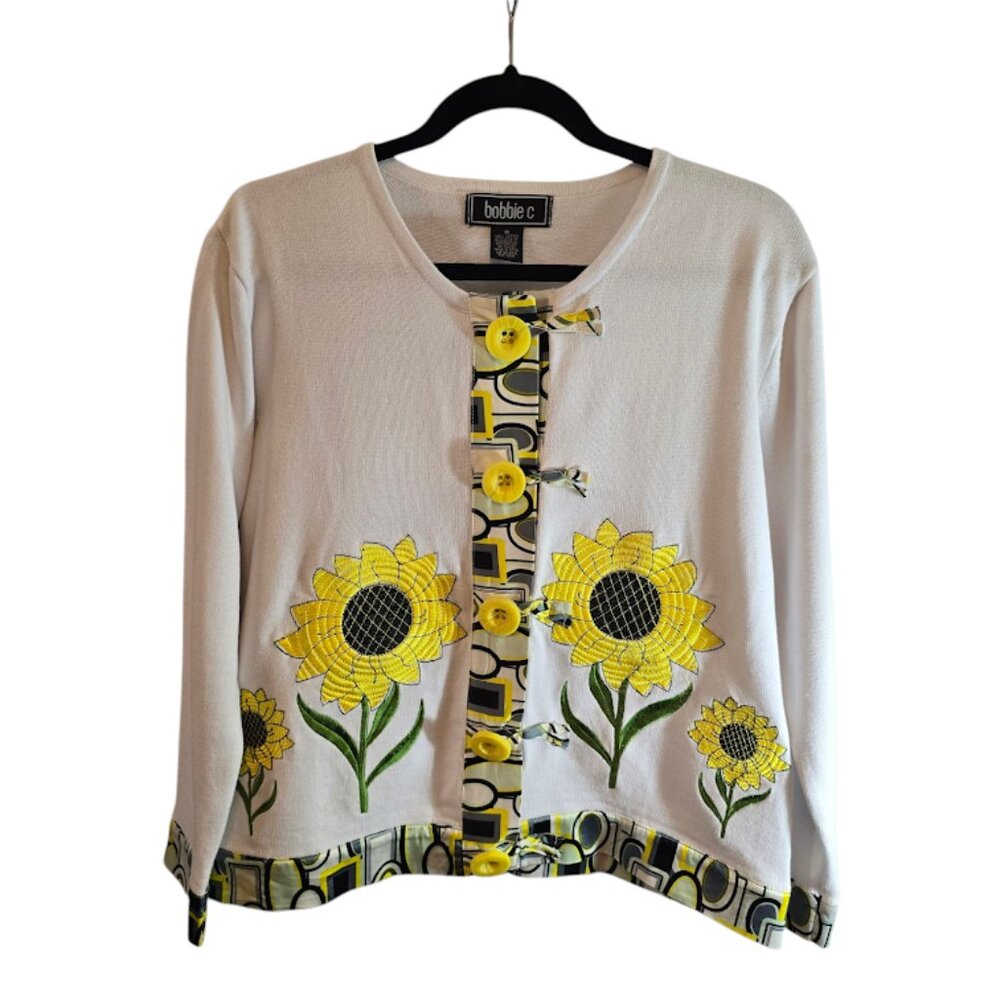 BOBBIE C SUNFLOWER SWEATER CARDIGAN SIZE MEDIUM 100% COTTON WHITE YELLOW SPRING